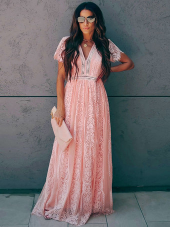 ピンクVネック マキシドレス 中空 半袖 カジュアル 夏 ロングドレス