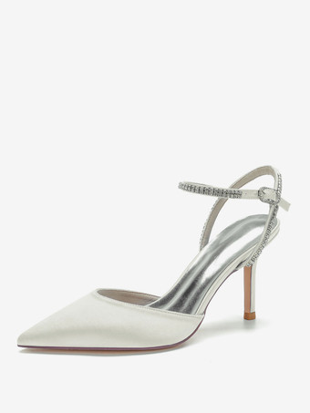 アイボリー 女性のウェディングシューズラインストーンサテン尖ったつま先のスティレットヒールブライダルシューズ