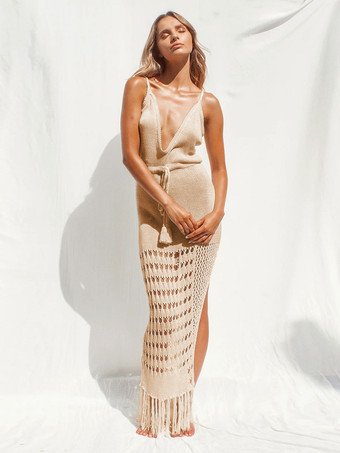 アプリコット女性カバーアップ フリンジ V ネック ノースリーブ バックレス サマー ビーチ水着