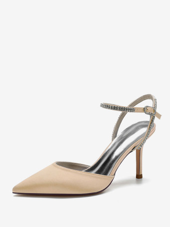 シャンパンカラー女性のウェディングシューズラインストーンサテン尖ったつま先のスティレットヒールブライダルシューズ