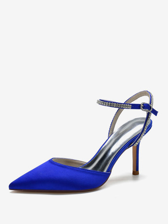 女性のウェディングシューズラインストーンサテン尖ったつま先のスティレットヒールブライダルシューズ