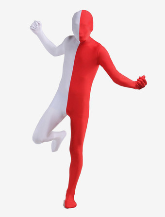 全身タイツ，ユニセックス　レッド＆ホワイト　カラーブロック　大人用　開口部のない全身タイツ　仮装コスチューム　 ハロウィン