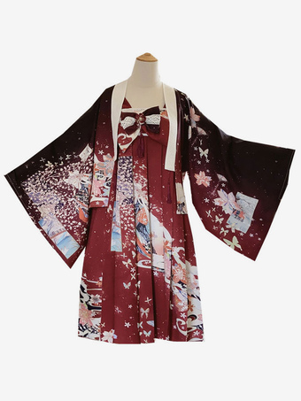 Traditionelles japanisches Lolita JSK Kleid Ziegelrot Langarm Polyester Blumendruck Lolita Jumper Röcke