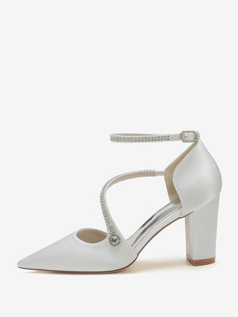 女性のブライダルシューズラインストーンサテンポインテッドトゥチャンキーヒールブライダルシューズ