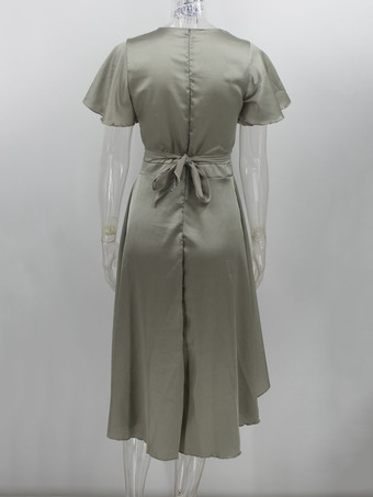 マキシドレス半袖ライトグレーVネック結びマキシハイローデザインポリエステル床丈ドレス