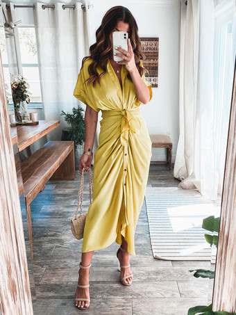 イエローマキシドレス ターンダウンカラー 半袖 カジュアル アシンメトリー ロングドレス