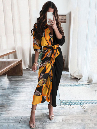 オレンジ マキシドレス ターンダウンカラー 半袖 カジュアル アシンメトリー ロングドレス