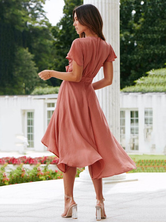 マキシドレス半袖ライトグレーVネック結びマキシハイローデザインポリエステル床丈ドレス