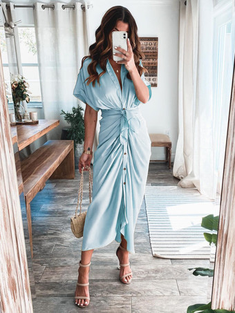 ライトスカイブルーマキシドレス ターンダウンカラー 半袖 カジュアル アシンメトリー ロングドレス