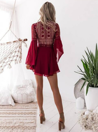 レディース パーティードレス Vネック レースアップ ロング丈 袖 アシンメトリー セミミニドレス