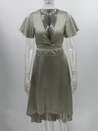 マキシドレス半袖ライトグレーVネック結びマキシハイローデザインポリエステル床丈ドレス