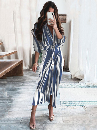 ブルー マキシドレス ターンダウンカラー 半袖 カジュアル アシンメトリー ロングドレス