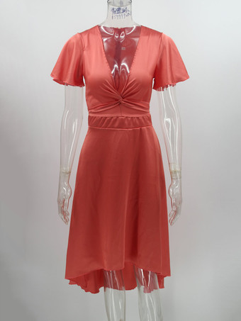 マキシドレス半袖ライトグレーVネック結びマキシハイローデザインポリエステル床丈ドレス