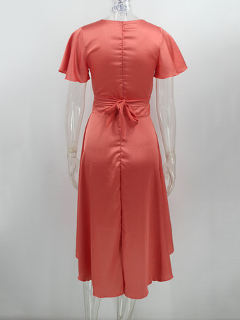 マキシドレス半袖ライトグレーVネック結びマキシハイローデザインポリエステル床丈ドレス