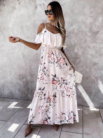 Maxi Dresses Short Sleeves Light Pink Floral Printed Straps Neck Pleated Stretch Long Dress