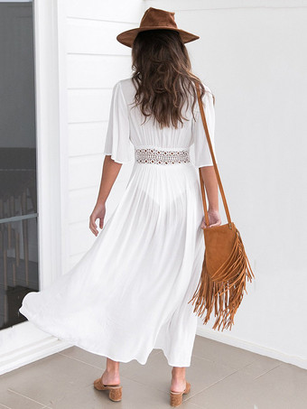 マキシドレス半袖ストラップレスレースアップカットアウト結び目ポリエステル白い床の長さのドレス