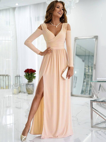 Maxi Dress V-Neck Cold Shoulder Layered Cut Out Sexy Slit Prom Dress