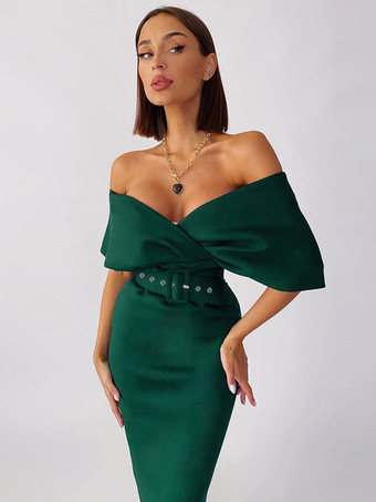 Bodycon Dresses Dark Green Short Sleeves Zipper Sexy V-Neck Layered Slim Fit Dress Sheath Dress