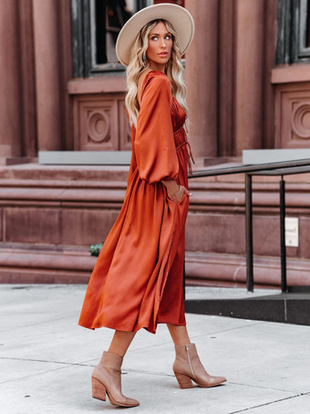 マキシドレススクエアネック長袖ポリエステルオレンジレッド床丈ドレス