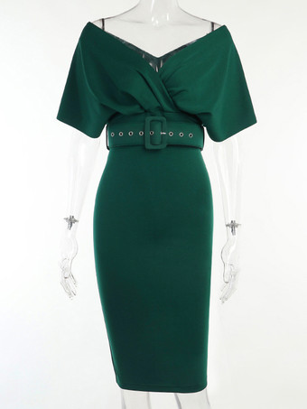 ボディコンドレスダークグリーン半袖ジッパーセクシーなVネックレイヤードスリムフィットドレスシースドレス