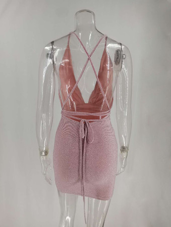 Vestidos de fiesta de cumpleaños Vestido semiformal sin mangas plisado sin mangas con cuello en V rosa Vestido ajustado