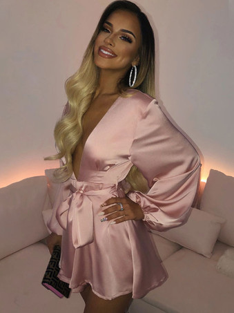 ピンク誕生日パーティードレス ブラック Vネック プリーツ 長袖 ストレッチ セミフォーマルドレス