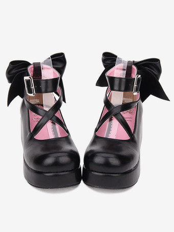 ブラック スウィートロリータシューズボウステッピーバックルウェッジヒールホワイトロリータシューズ