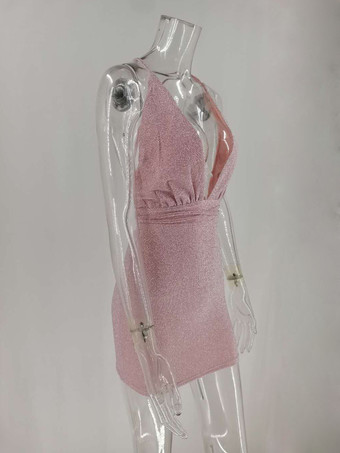 Vestidos de fiesta de cumpleaños Vestido semiformal sin mangas plisado sin mangas con cuello en V rosa Vestido ajustado