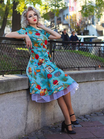 1950年代オードリー・ヘップバーン風　ヴィンテージドレス　Vネック　半袖　膝丈　花柄　二次会　お呼ばれ　発表会　ロカビリーワンピース