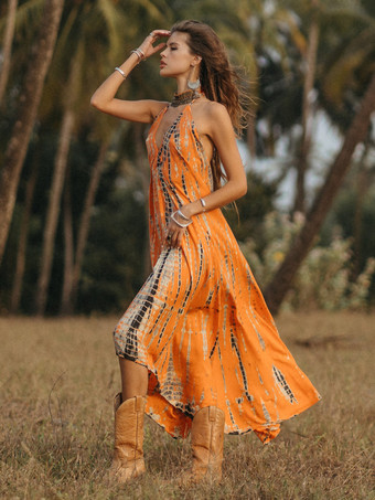 Vネックマキシワンピースノースリーブポリエステルプリントフロア丈ワンピース