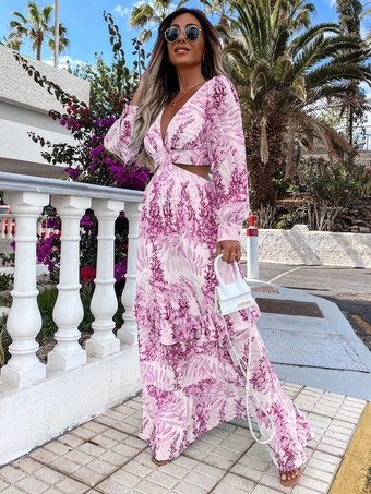 ライラックカラーマキシワンピースVネック長袖ポリエステルプリントフロア丈ワンピース