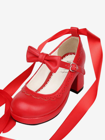 Süße Lolita Heels Blütenblatt Bow Strappy Tie Bein Chunky Heel Red Lolita Schuhe