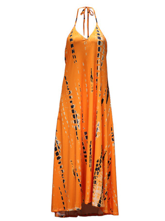 Vネックマキシワンピースノースリーブポリエステルプリントフロア丈ワンピース