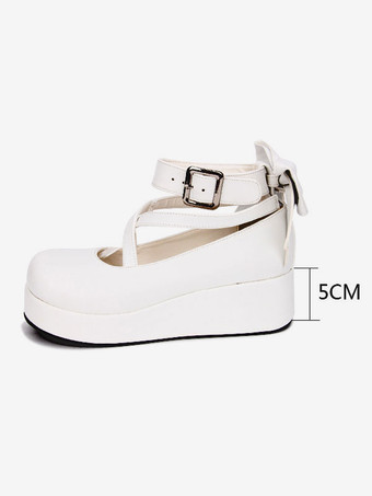 スウィートロリータシューズボウステッピーバックルウェッジヒールホワイトロリータシューズ