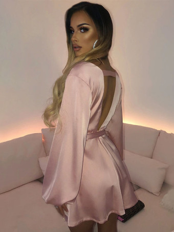 誕生日パーティードレス ブラック Vネック プリーツ 長袖 ストレッチ セミフォーマルドレス