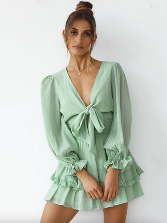 Mini vestidos Cuello en V verde con cordones Manga larga Arcos Vestido corto de gasa de verano