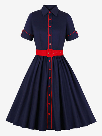 1950年代オードリー・ヘップバーン風　ヴィンテージドレス　ターンダウンカラー　半袖　二次会　お呼ばれ　発表会　ロカビリーワンピース
