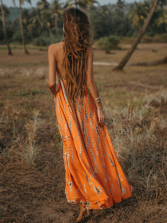 Vネックマキシワンピースノースリーブポリエステルプリントフロア丈ワンピース