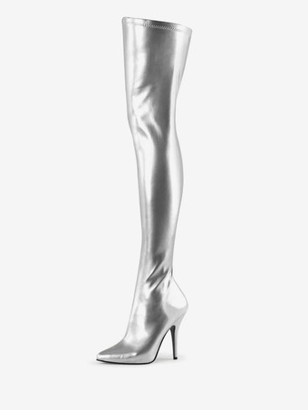 シルバー セクシーなハイヒールのブーツ先のとがったつま先ジッパースパンコールスティレットヒール絶賛クラブ白い太ももの高いブーツ