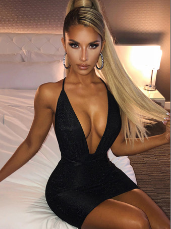 negro Vestidos de fiesta de cumpleaños Vestido semiformal sin mangas plisado sin mangas con cuello en V rosa Vestido ajustado