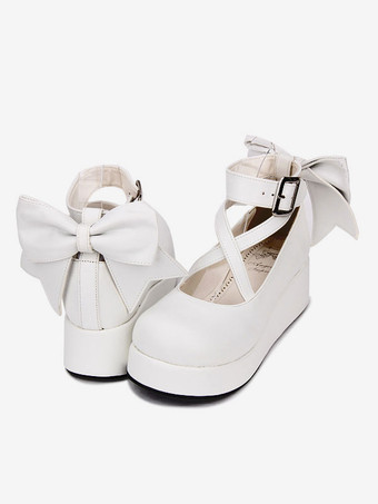 スウィートロリータシューズボウステッピーバックルウェッジヒールホワイトロリータシューズ
