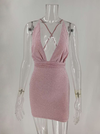 Vestidos de fiesta de cumpleaños Vestido semiformal sin mangas plisado sin mangas con cuello en V rosa Vestido ajustado