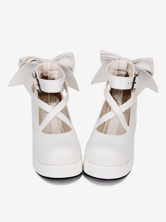 ホワイト スウィートロリータシューズボウステッピーバックルウェッジヒールホワイトロリータシューズ