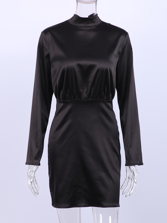 ボディコンドレス ブラック 長袖 セクシー ジュエルネック ミディ シースドレス