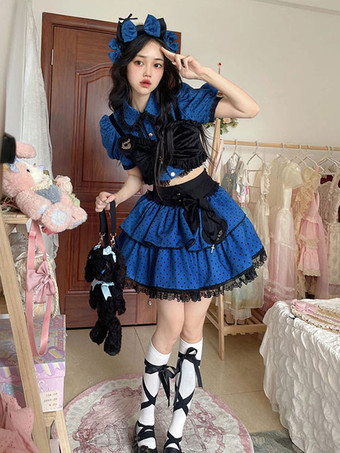 2点セットドレス アイドル服 水玉フリル水玉 半袖セットアップ ブルー