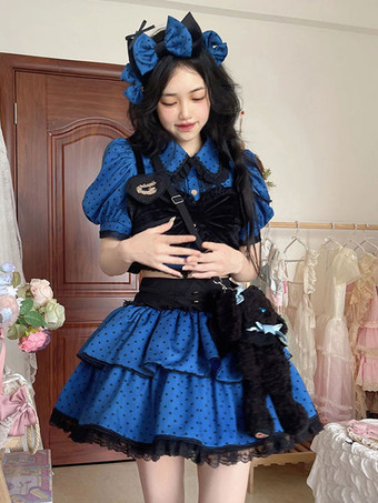 2点セットドレス アイドル服 水玉フリル水玉 半袖セットアップ ブルー