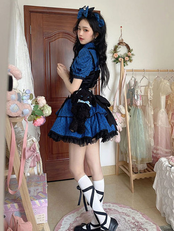 2点セットドレス アイドル服 水玉フリル水玉 半袖セットアップ ブルー