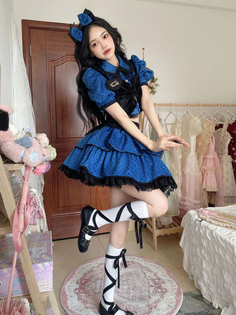 2点セットドレス アイドル服 水玉フリル水玉 半袖セットアップ ブルー