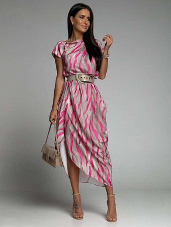 レッド マキシドレスバトーネック半袖ポリエステルストライプ床丈ワンピース