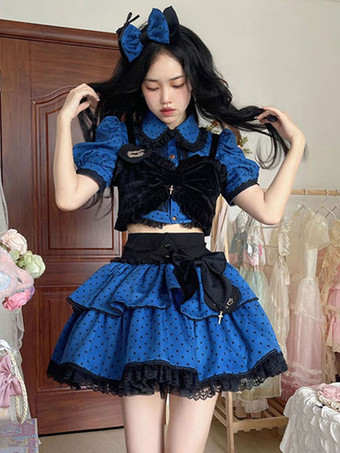 Idol-Kleidung  Lolita-Outfits  blaue Rüschen  gepunktet  kurze Ärmel  Oberteil  Rock  verstellbar  elastisch